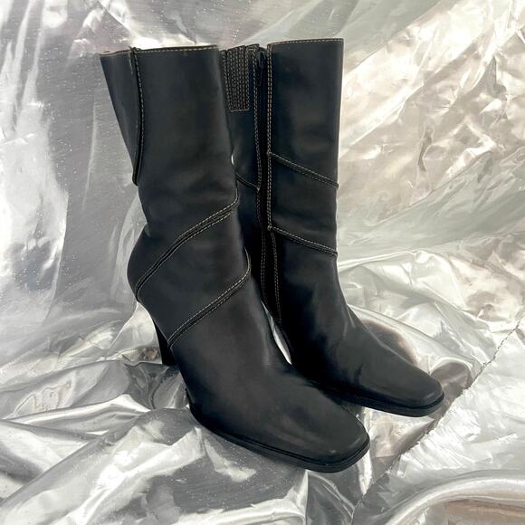 y2k leather black boot square toe mid calf contrast stitching, women's size 9.5 - Picture 1 of 5